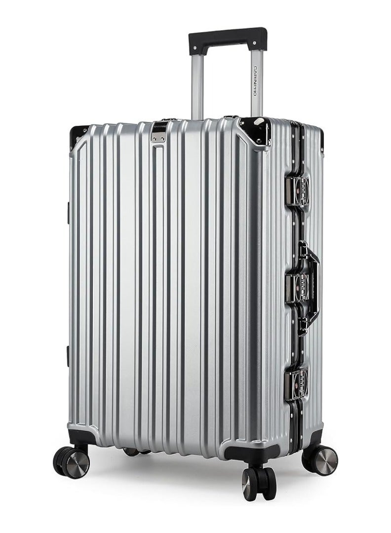 POGAGO Lightweight Aluminum Frame Polycarbonate Hard Case Luggage Set | 3-Piece Trolley Suitcase (20/24/28 Inch) | Silver Checked Luggage with 360° Double Spinner Wheels - Image 2